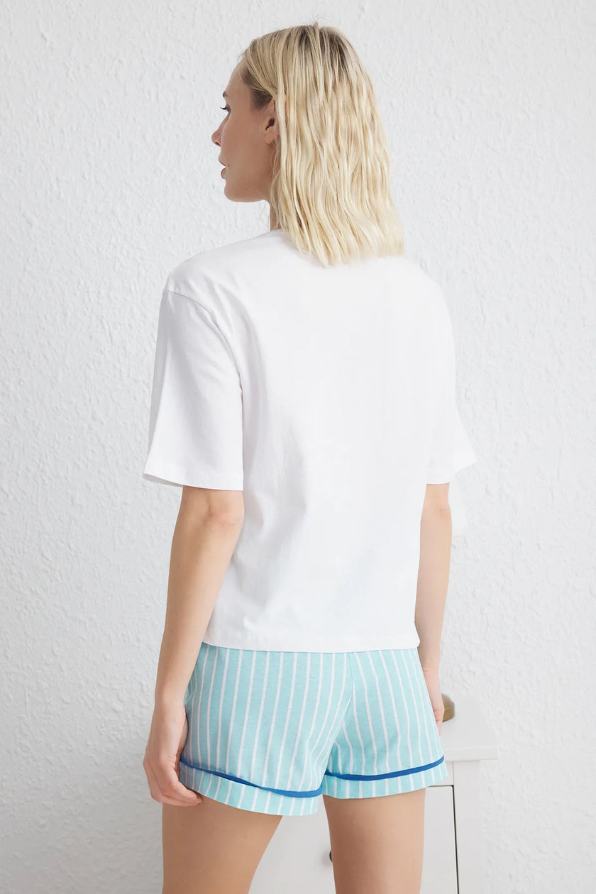 White-Blue Plain Jersey Knitted Pajama Set