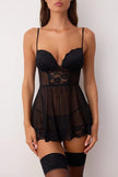 Black Lace and Ribbon Detailed Tulle-Covered Pantyhose Babydoll/Fantasy Nightgown