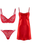 Red 3-Pack Dowry Set Satin Woven Nightgown