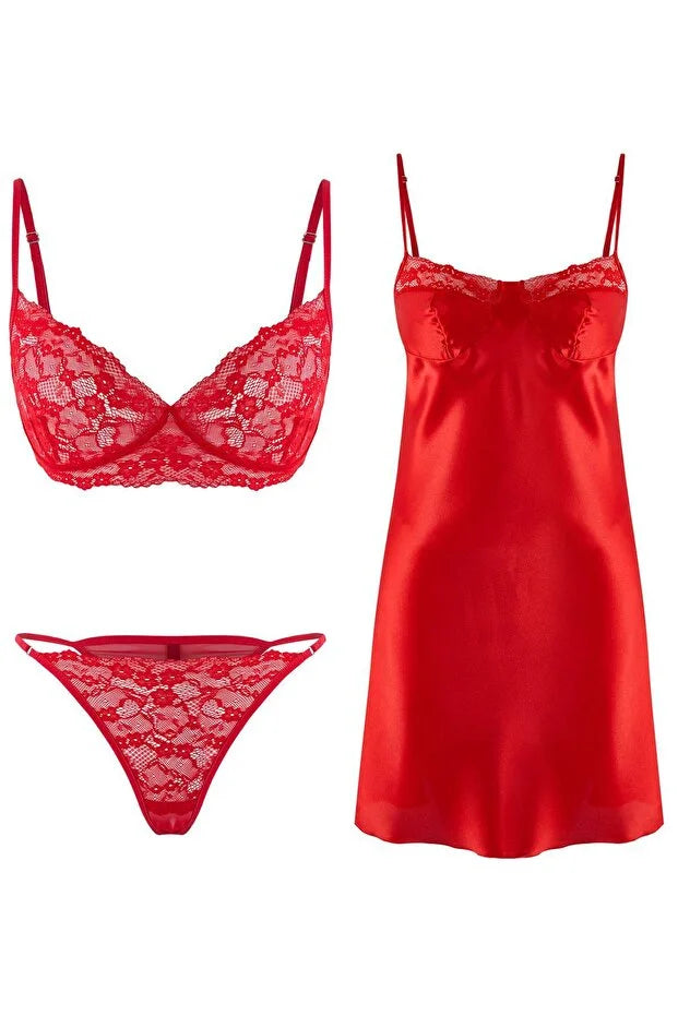 Red 3-Pack Dowry Set Satin Woven Nightgown