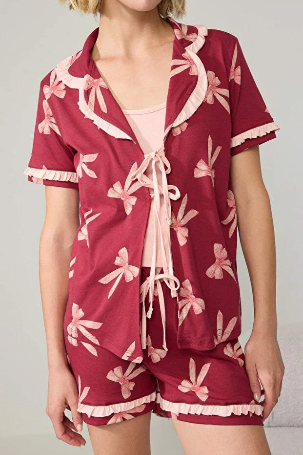 Burgundy 3-Piece 100% Cotton Ribbon Detail Knitted Pajama Set