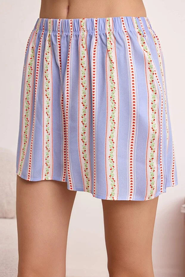 Multicolor Floral Heart Detail Viscose Woven Pajama Set