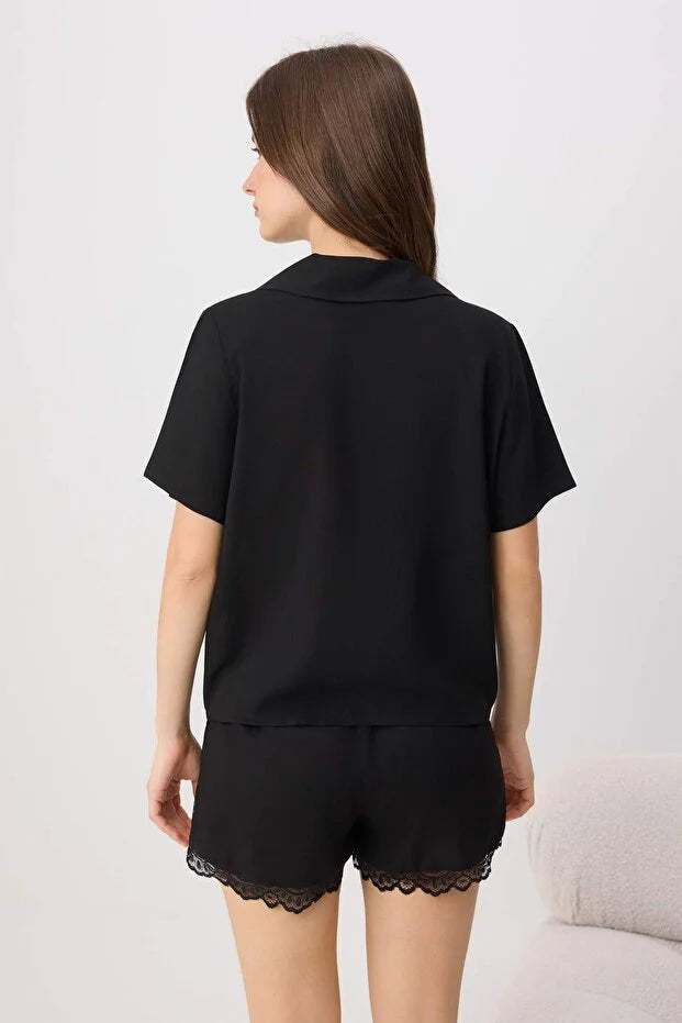 Black More Sustainable Fade-Resistant Lace Detail Viscose Woven Pajama Set