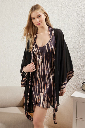 Black 2-Pack Leopard Patterned Woven Belted Tulle Dressing Gown + Satin Nightgown