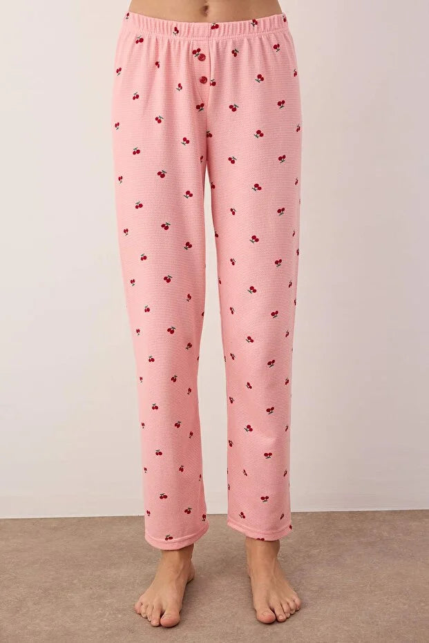 Pink Cherry Zippered Soft Winter Waffle Knit Pajama Set