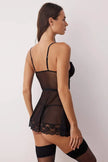 Black Lace and Ribbon Detailed Tulle-Covered Pantyhose Babydoll/Fantasy Nightgown