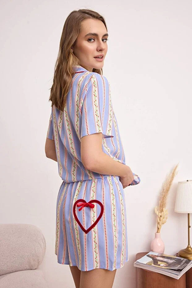 Multicolor Floral Heart Detail Viscose Woven Pajama Set
