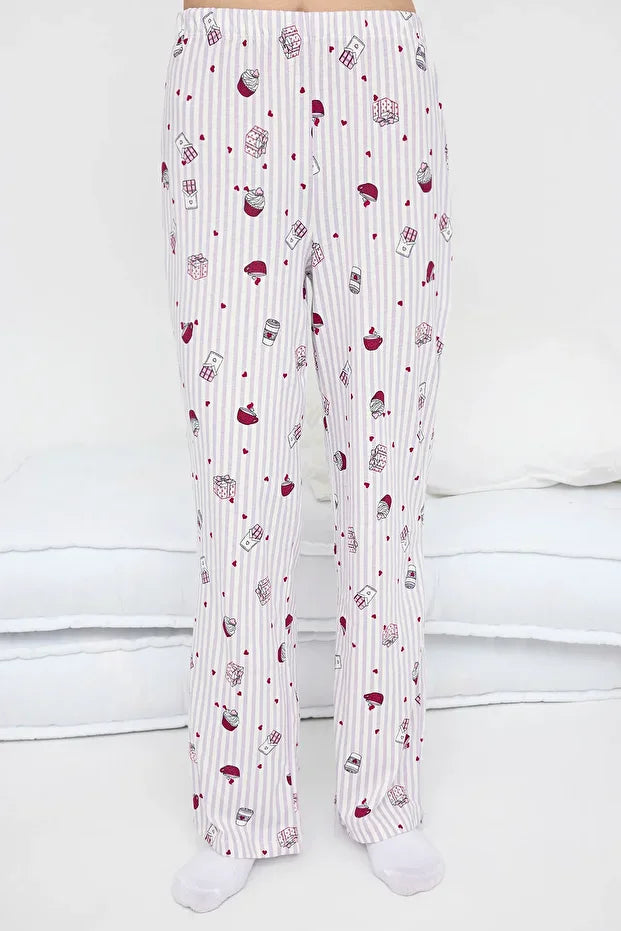 Teen Lilac-Multicolored 100% Cotton Fun Heart Patterned Piping Knit Pajama Set