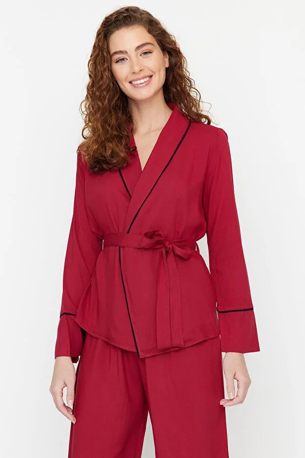 Burgundy Belted Double-Breasted Viscose Woven Pajama Set with Piping Detail