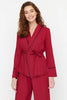 Burgundy Belted Double-Breasted Viscose Woven Pajama Set with Piping Detail