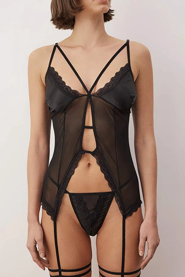 Black Tulle Leg Band Unlined Lingerie Set