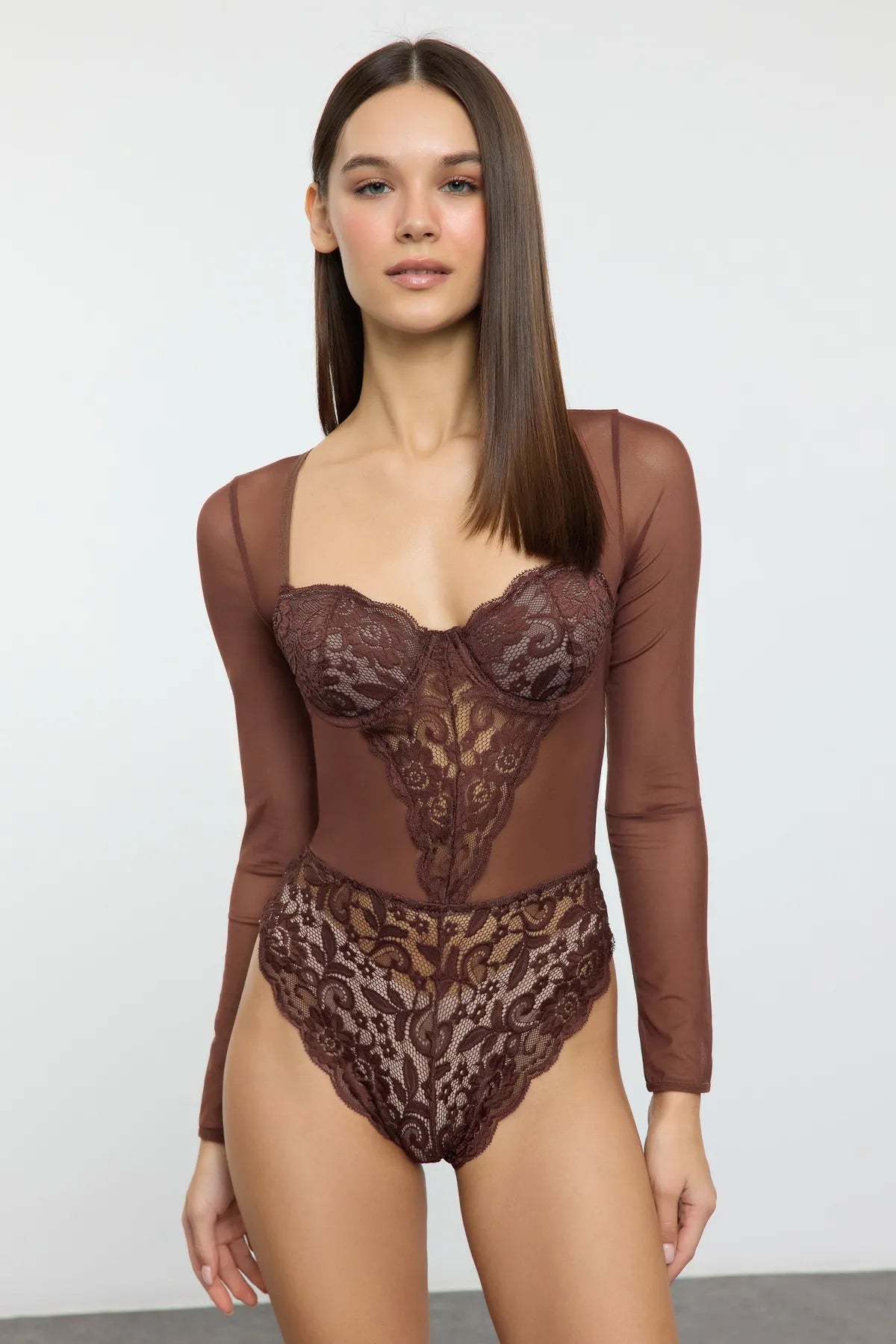 Brown Lace Cut Out/Window Detail Covered Knit Bodysuit