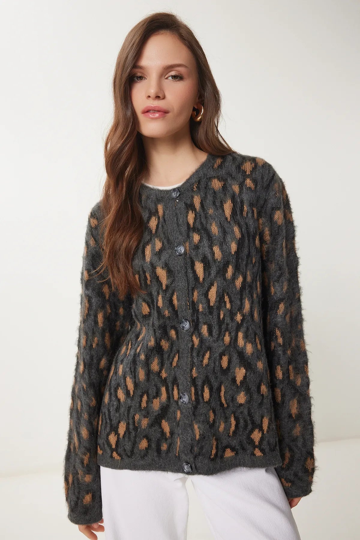 Leopard Patterned Bearded Knitted Cardigan MINK