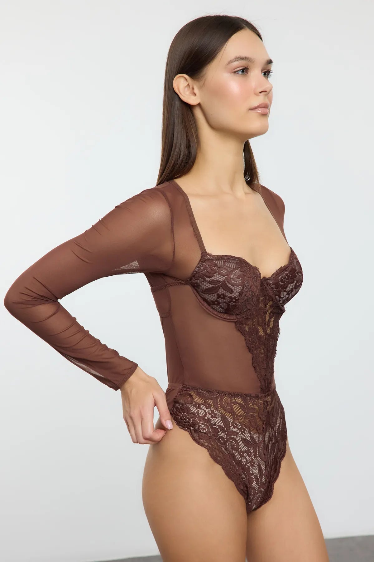 Brown Lace Cut Out/Window Detail Covered Knit Bodysuit