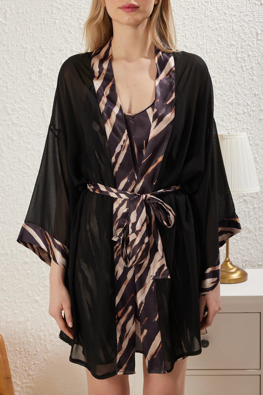 Black 2-Pack Leopard Patterned Woven Belted Tulle Dressing Gown + Satin Nightgown