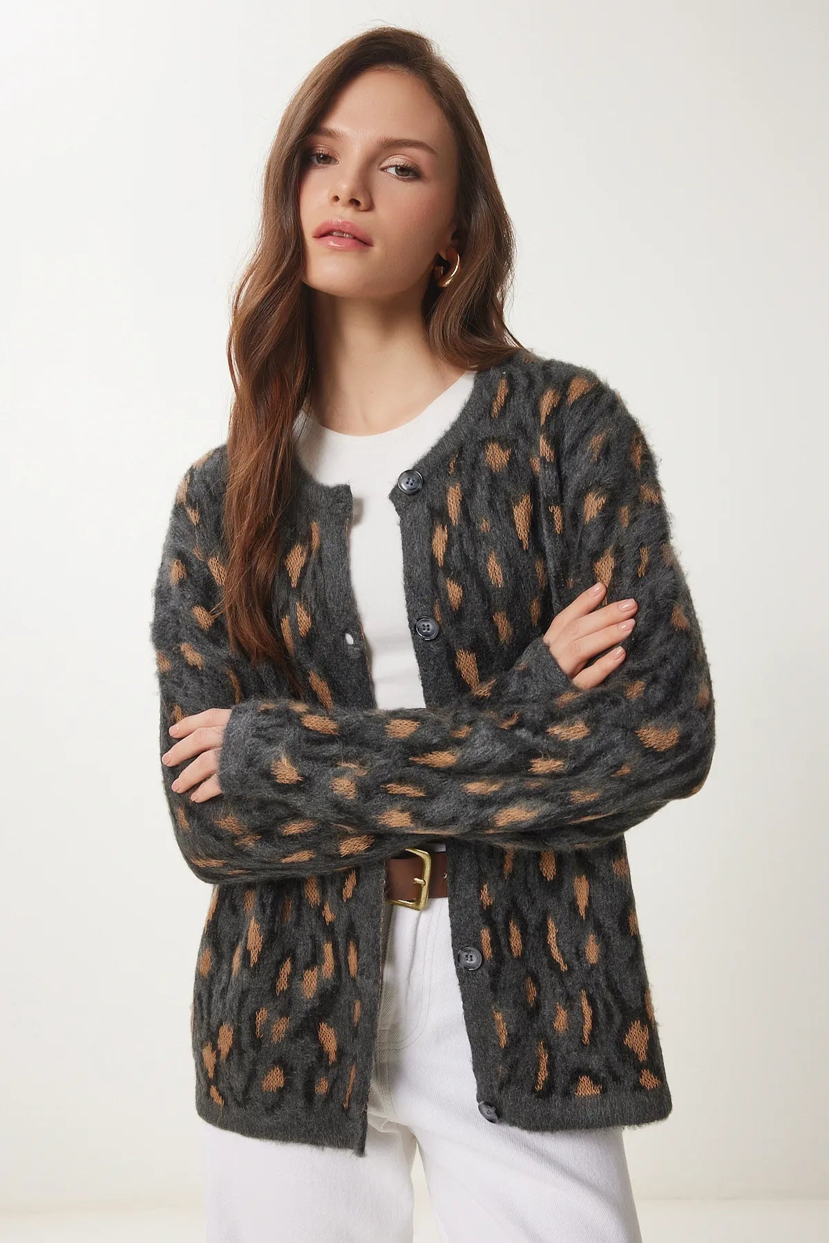 Leopard Patterned Bearded Knitted Cardigan MINK