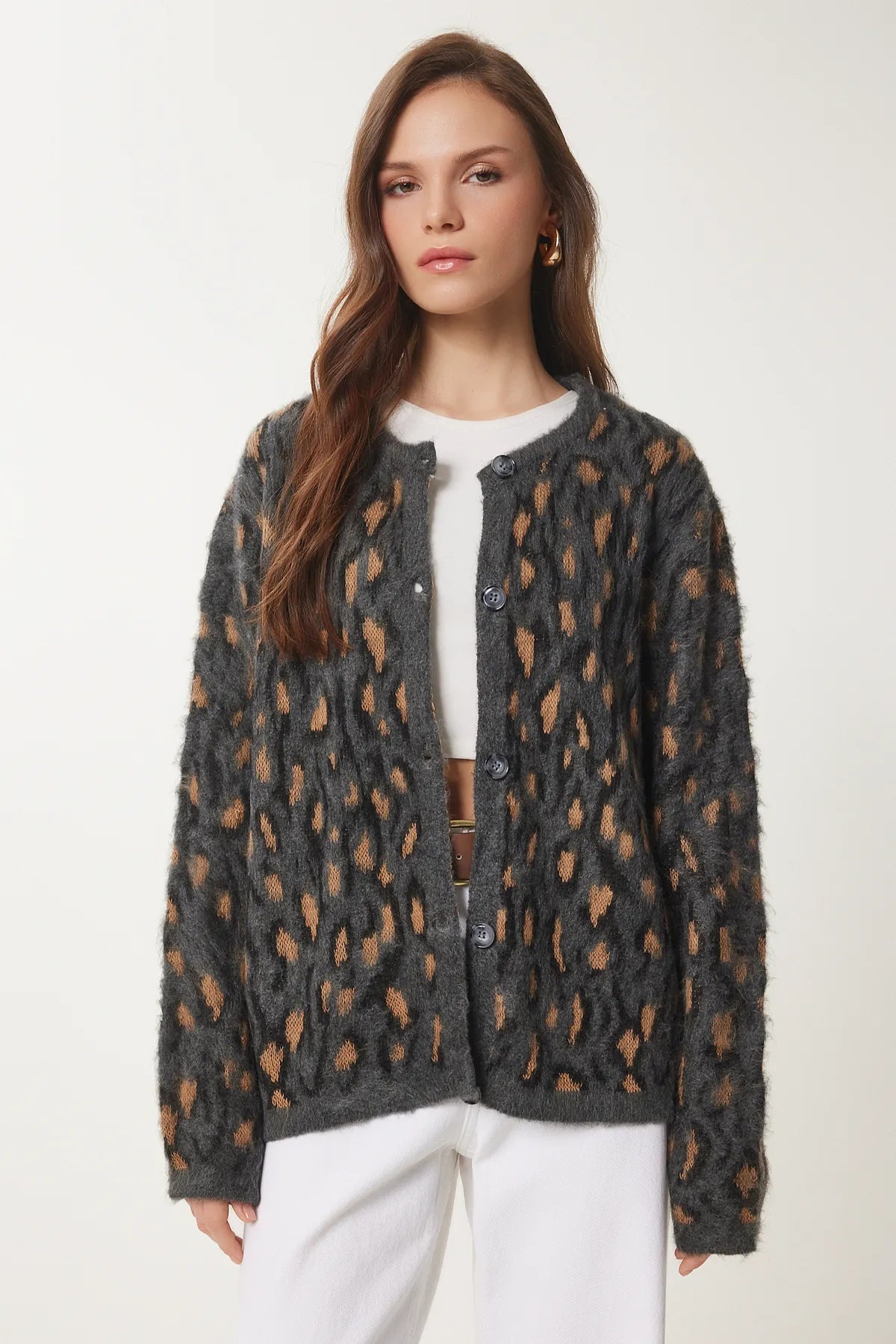 Leopard Patterned Bearded Knitted Cardigan MINK