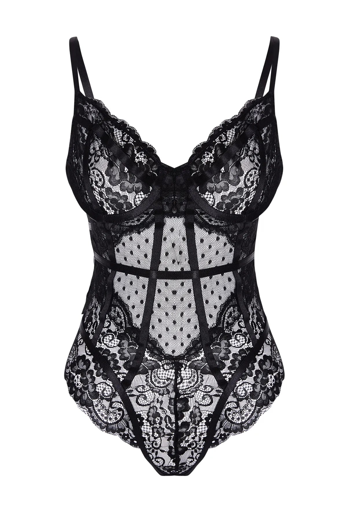 Black Lace Rope Strap Snap Knitted Bodysuit