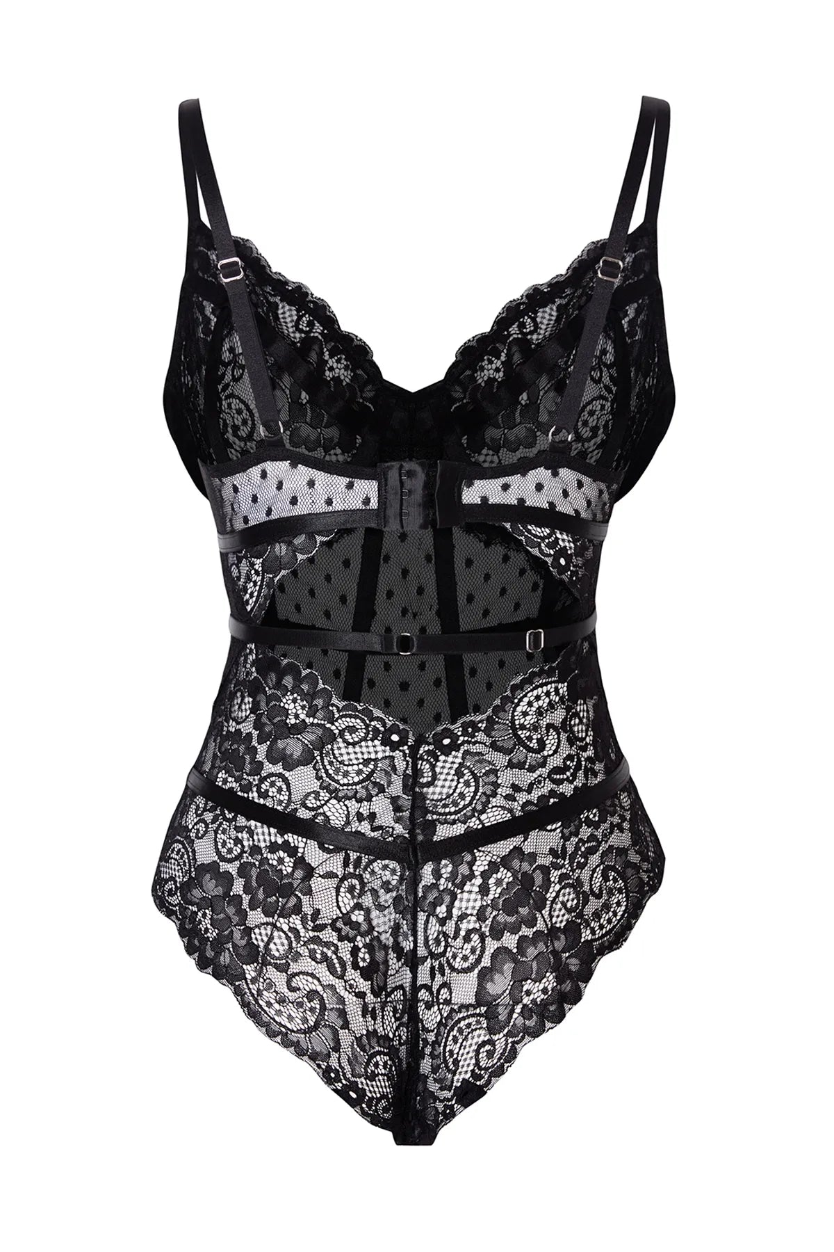 Black Lace Rope Strap Snap Knitted Bodysuit