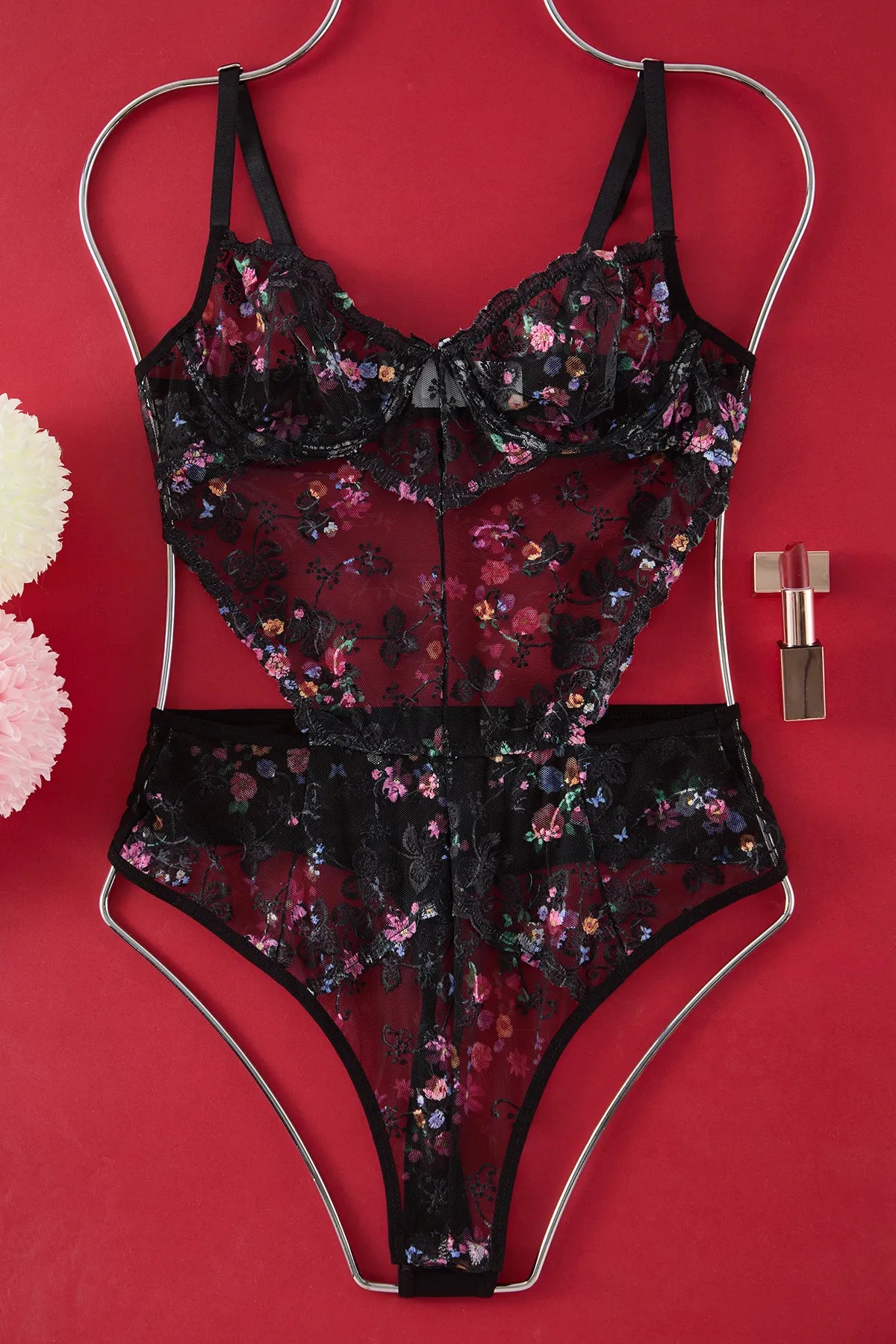 Black Lace Embroidered Floral Uncovered Snap Knit Bodysuit