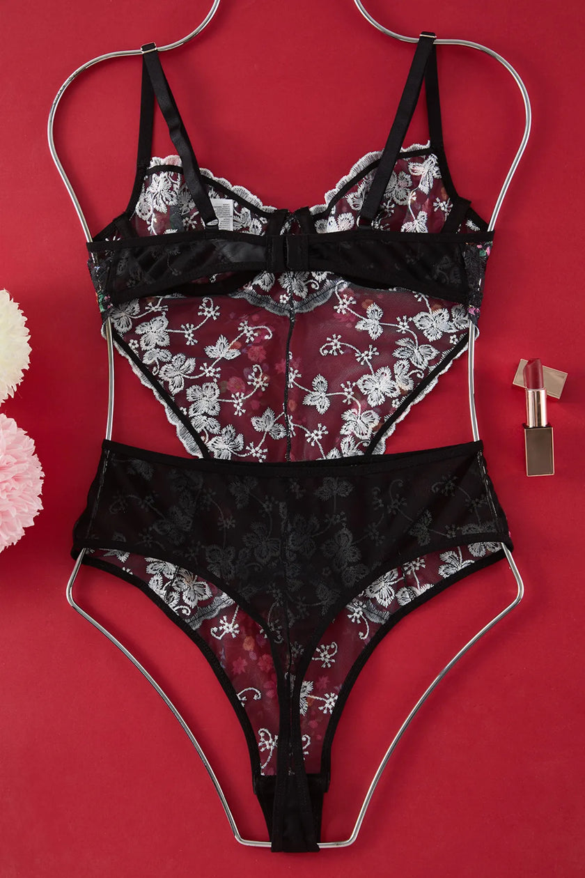 Black Lace Embroidered Floral Uncovered Snap Knit Bodysuit