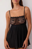 Black Lace and Pleated Cut-Out Uncovered Rope Suspender Pantyhose Babydoll/Fantasy Nightgown