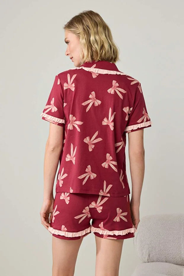 Burgundy 3-Piece 100% Cotton Ribbon Detail Knitted Pajama Set