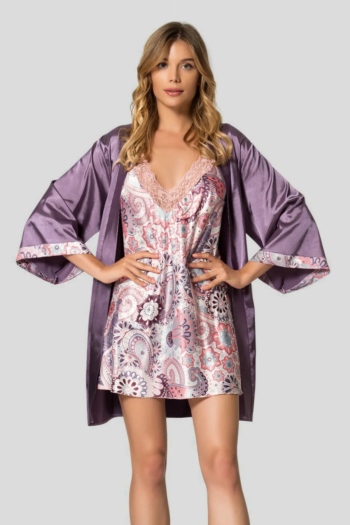 Lilac 2-Pack Floral Lace Detail Satin Woven Dressing Gown + Nightgown | Home Wear | Lingerie | Lebbse Lilac 2-Pack Floral Lace Detail Satin Woven Dressing Gown + Nightgown | Home Wear | Lingerie | Lebbse