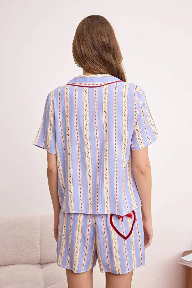 Multicolor Floral Heart Detail Viscose Woven Pajama Set