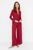 Burgundy Belted Double-Breasted Viscose Woven Pajama Set with Piping Detail