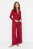 Burgundy Belted Double-Breasted Viscose Woven Pajama Set with Piping Detail