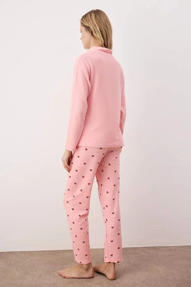 Pink Cherry Zippered Soft Winter Waffle Knit Pajama Set