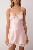 Pink Lace and Slit Detailed Satin-Woven Nightgown