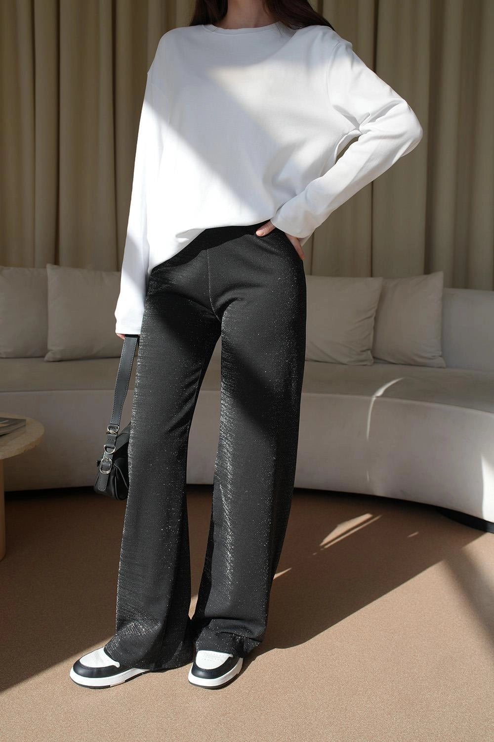 Wide Leg Glittery Women's Black Trousers