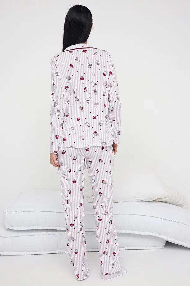 Teen Lilac-Multicolored 100% Cotton Fun Heart Patterned Piping Knit Pajama Set