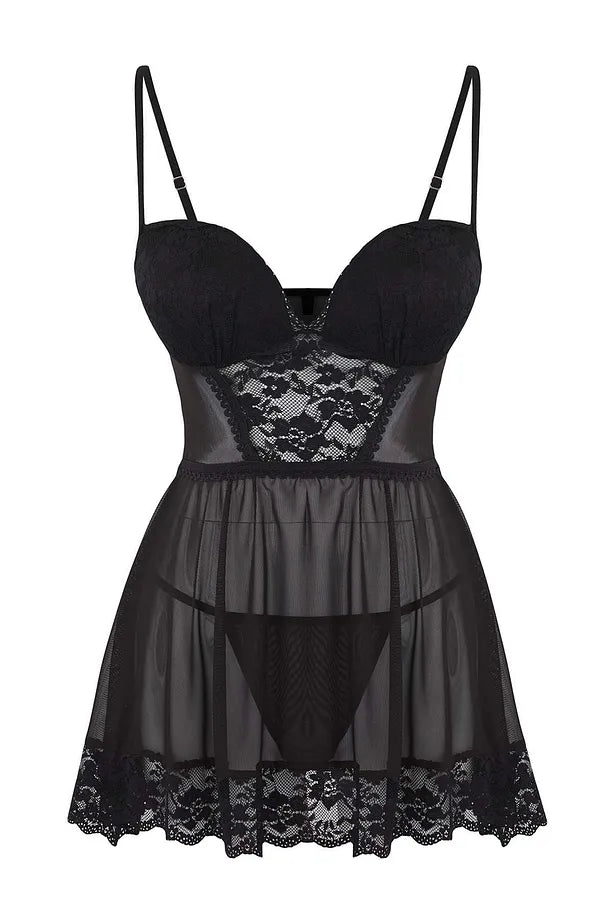 Black Lace and Ribbon Detailed Tulle-Covered Pantyhose Babydoll/Fantasy Nightgown