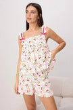 White & Multicolor Cherry Bow Detail Viscose Woven Pajama Set