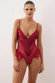 Burgundy Lace Fitted Ruffle Plain Uncovered Bodysuit