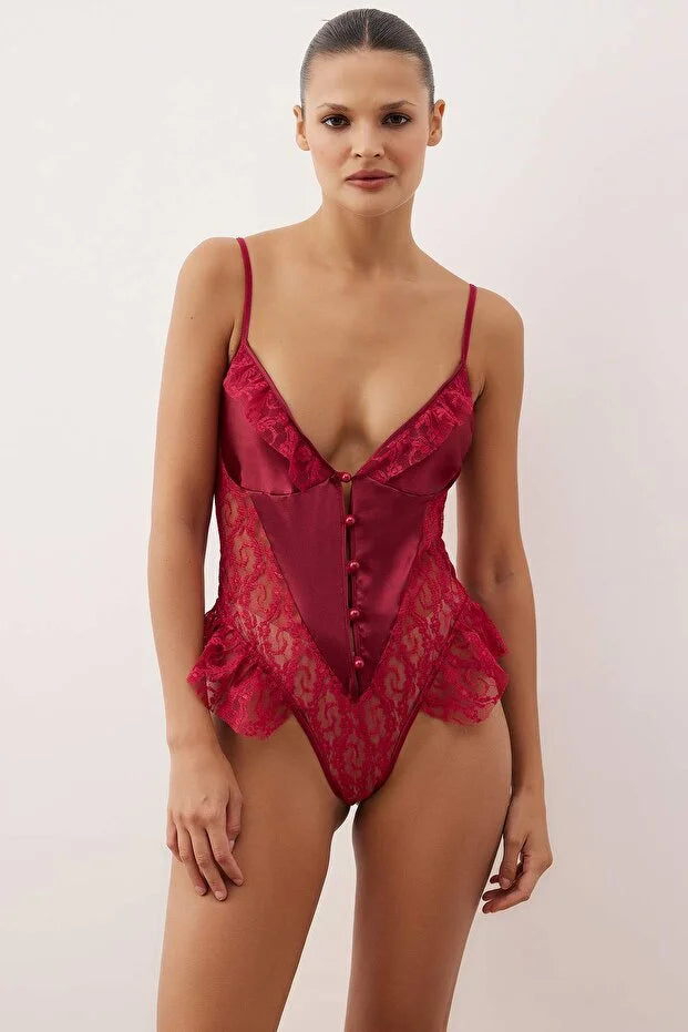 Burgundy Lace Fitted Ruffle Plain Uncovered Bodysuit