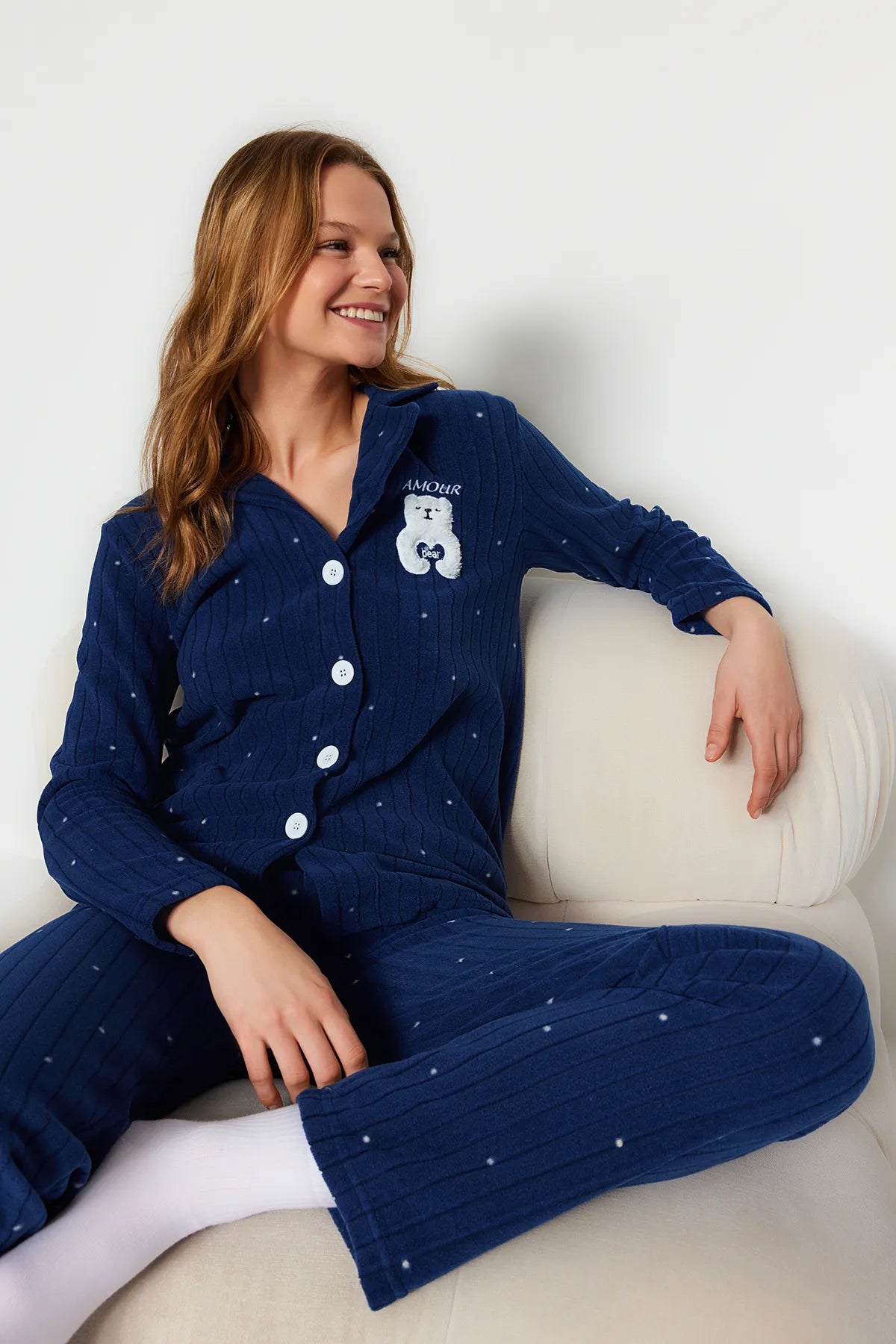 Navy Blue Polka Dot Animal Printed Polar Winter Knitted Pajama Set