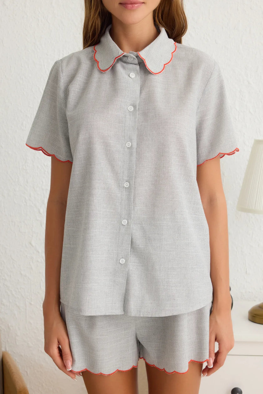Gray Striped Slice Embroidered Flamed Cotton Woven Pajama Set