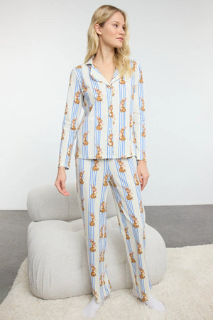 Multicolored 100% Cotton Striped Rabbit Patterned Knitted Pajama Set