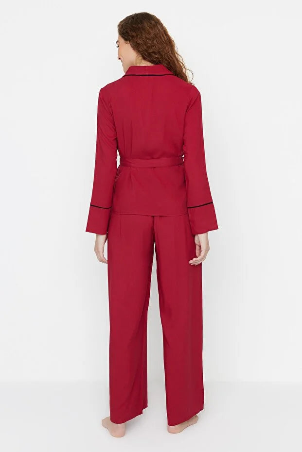 Burgundy Belted Double-Breasted Viscose Woven Pajama Set with Piping Detail
