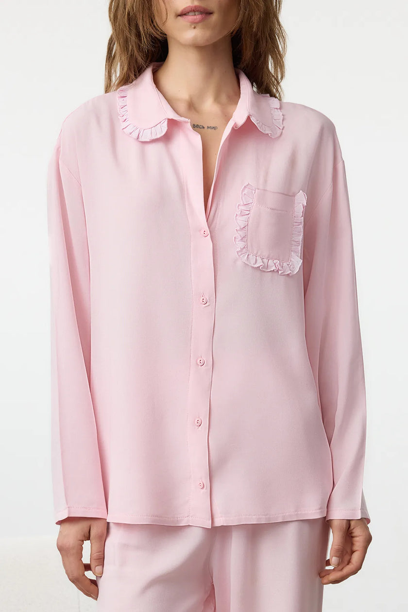 Pink Ruffle Pocket Detailed Viscose Woven Pajama Set