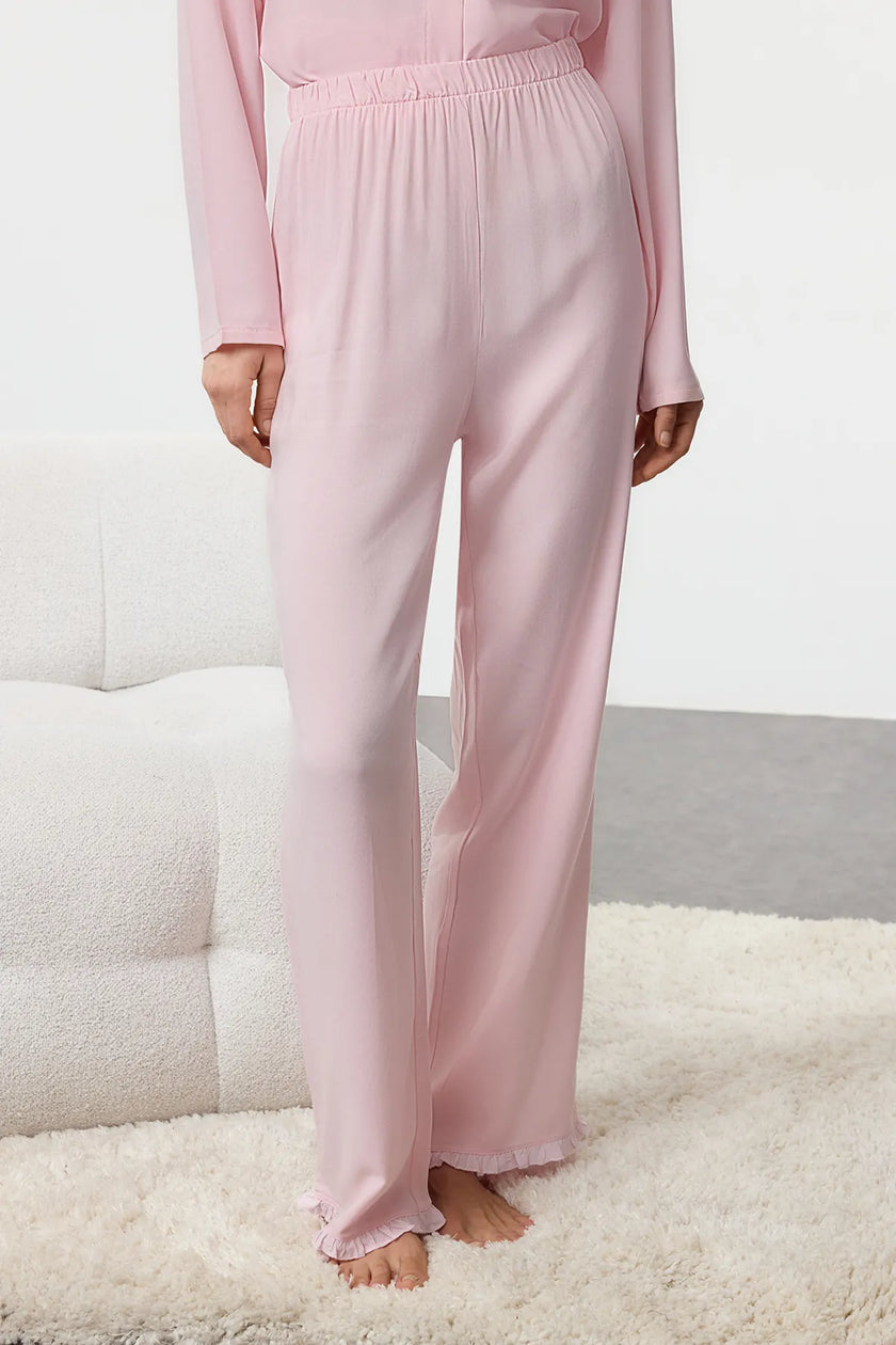 Pink Ruffle Pocket Detailed Viscose Woven Pajama Set