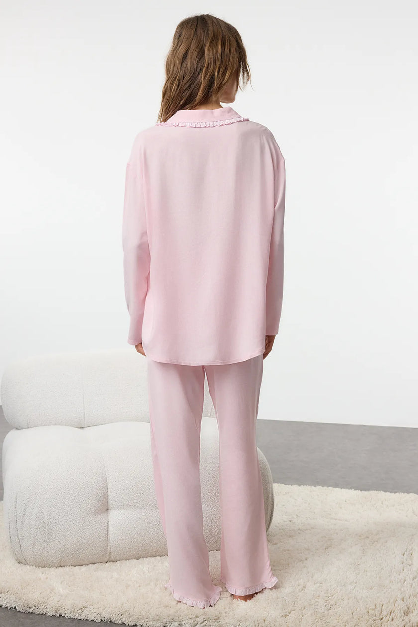 Pink Ruffle Pocket Detailed Viscose Woven Pajama Set