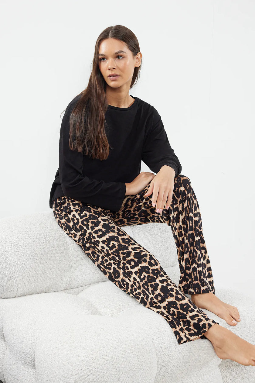 Black 100% Cotton Leopard Patterned Knitted Pajama Set