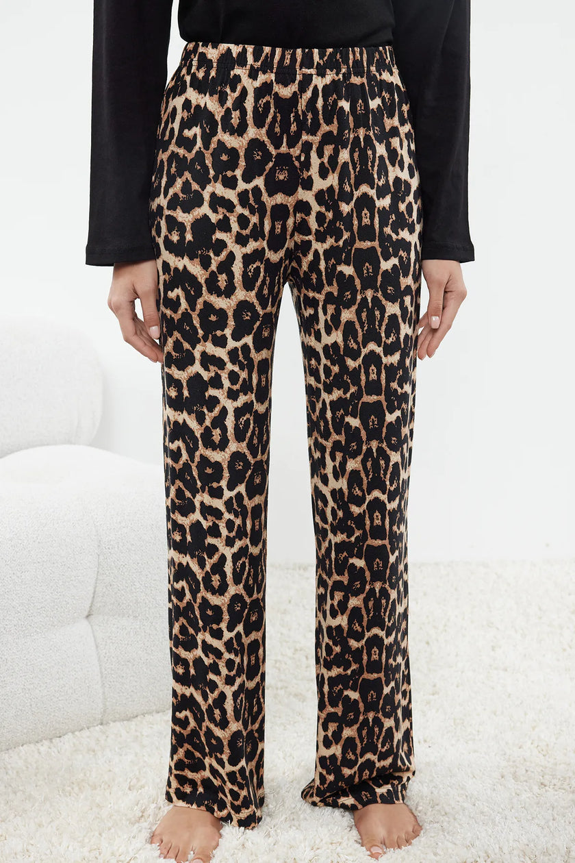 Black 100% Cotton Leopard Patterned Knitted Pajama Set