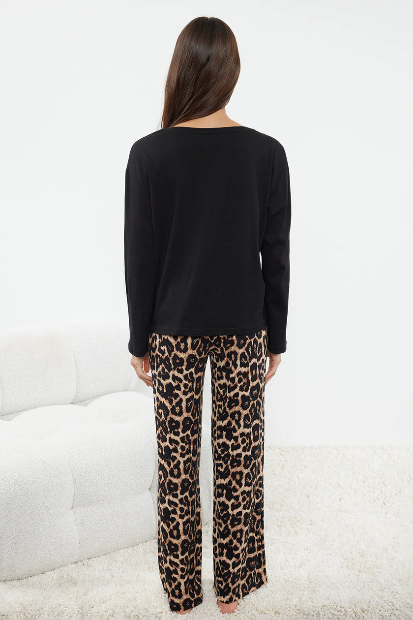 Black 100% Cotton Leopard Patterned Knitted Pajama Set