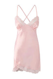 Pink Lace and Slit Detailed Satin-Woven Nightgown